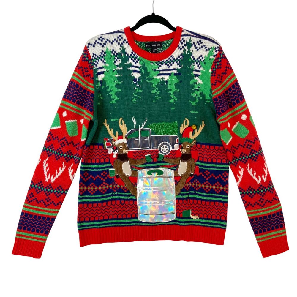 Blizzard Bay Ugly Christmas Sweater Men's Medium‎ Reindeer Beer Holder Drinking